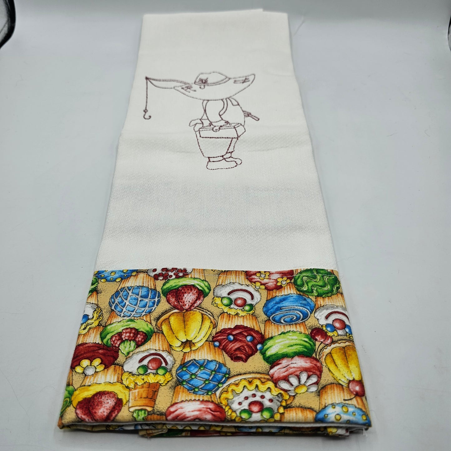 Embroidered Sunbonnet Sam with Fishing Pole and Tackle Box on Kitchen Tea Towel with Cupcake Fabric