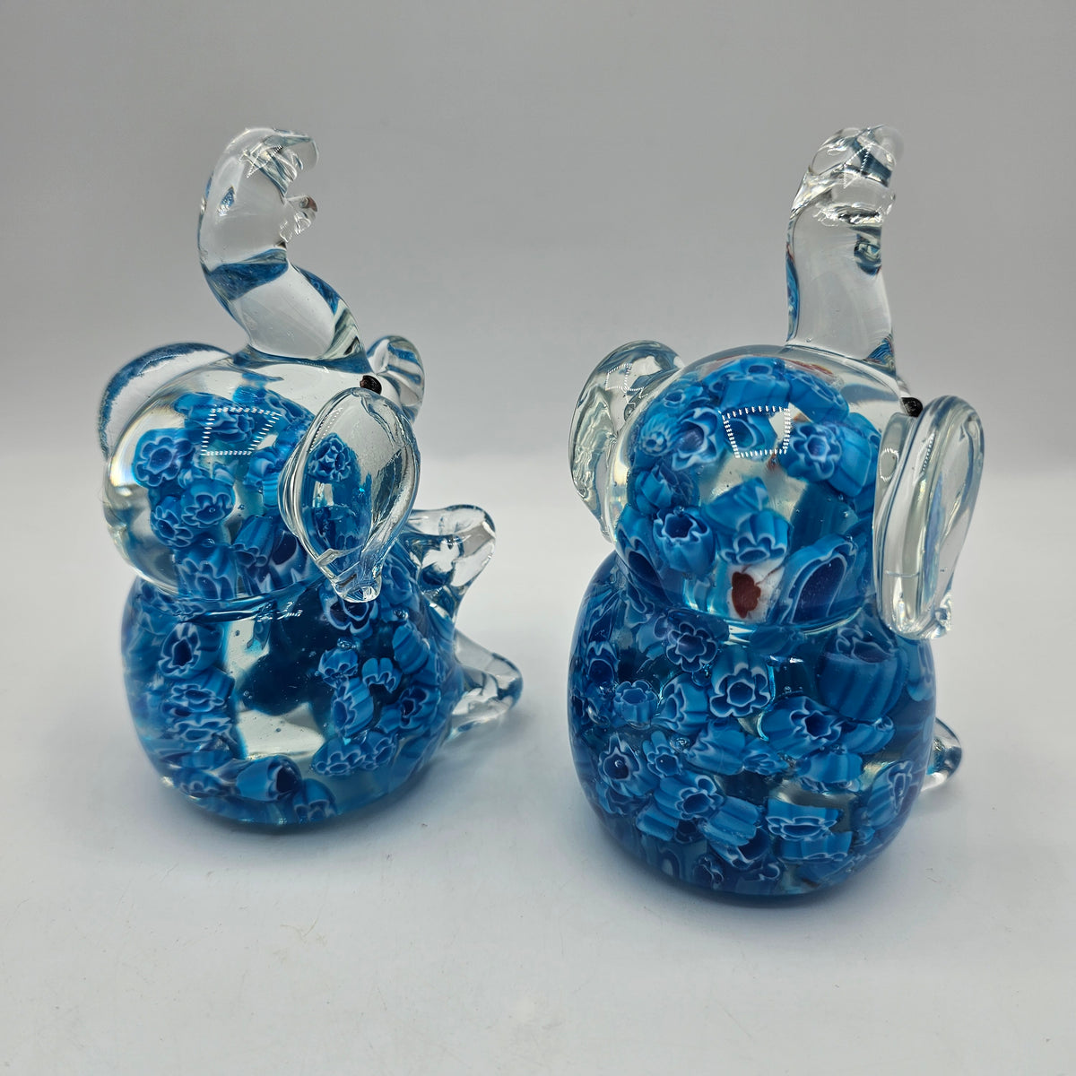 Art Glass Elephant Figurines with Caned Mille Fiore Design