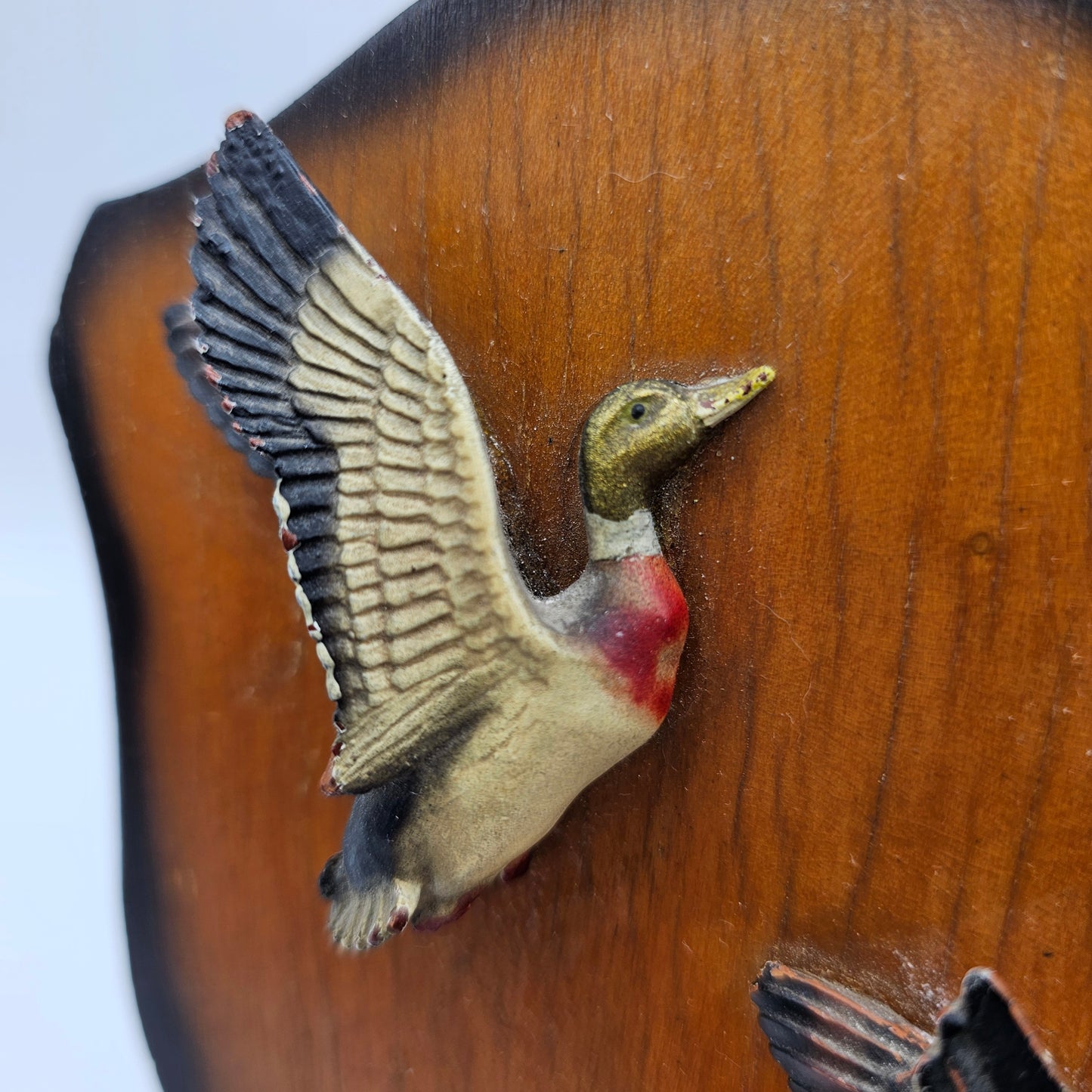 Vintage Wooden Shield Plaque with Two Mallard Ducks in Flight