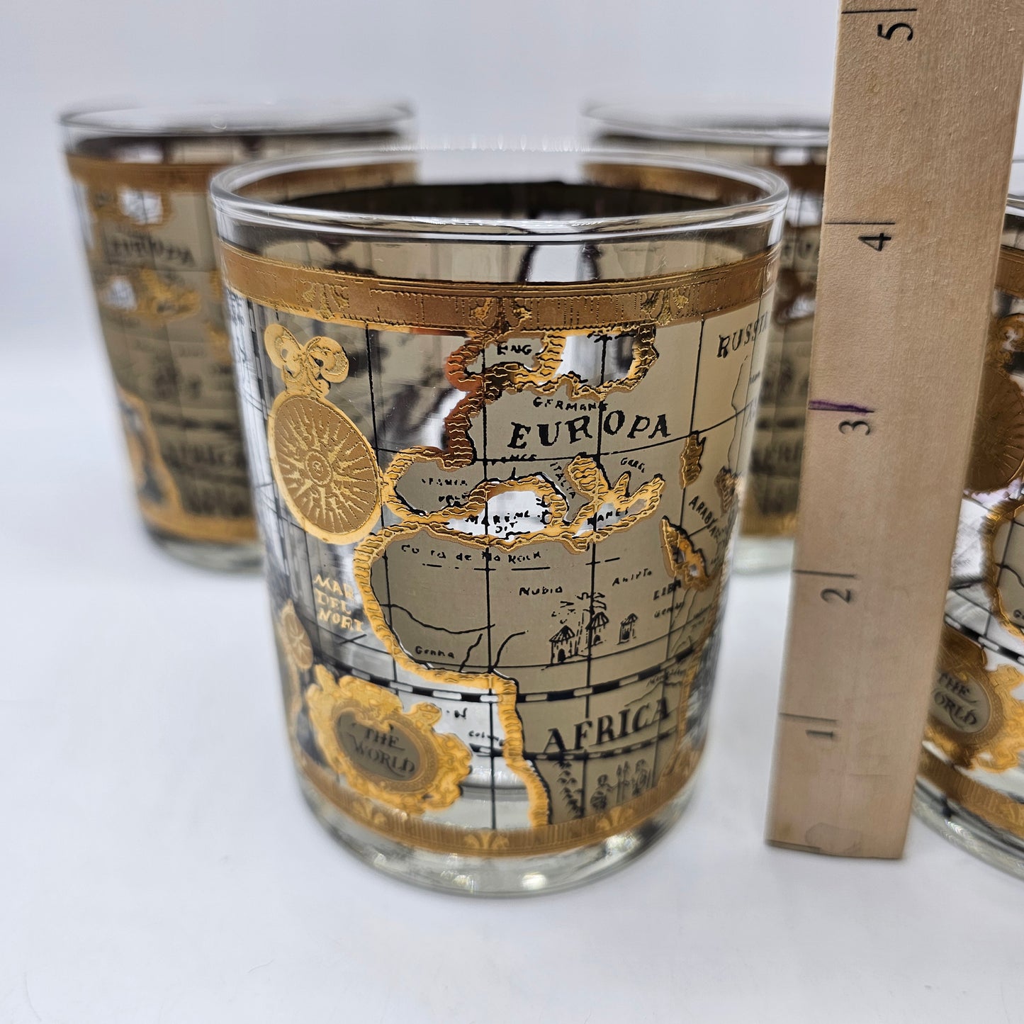 Vintage Cera Old World Globe Map Lowball Whiskey Glasses Tumblers with Applied Gold Design - Set of 4