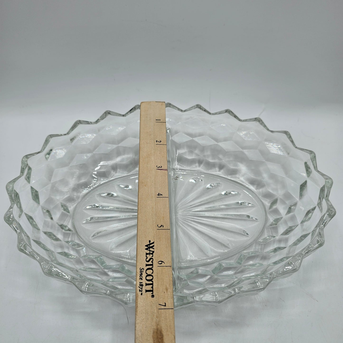Vintage Divided Oval Cubist / American Pattern Clear Glass Candy / Nut Dish Scalloped Edge