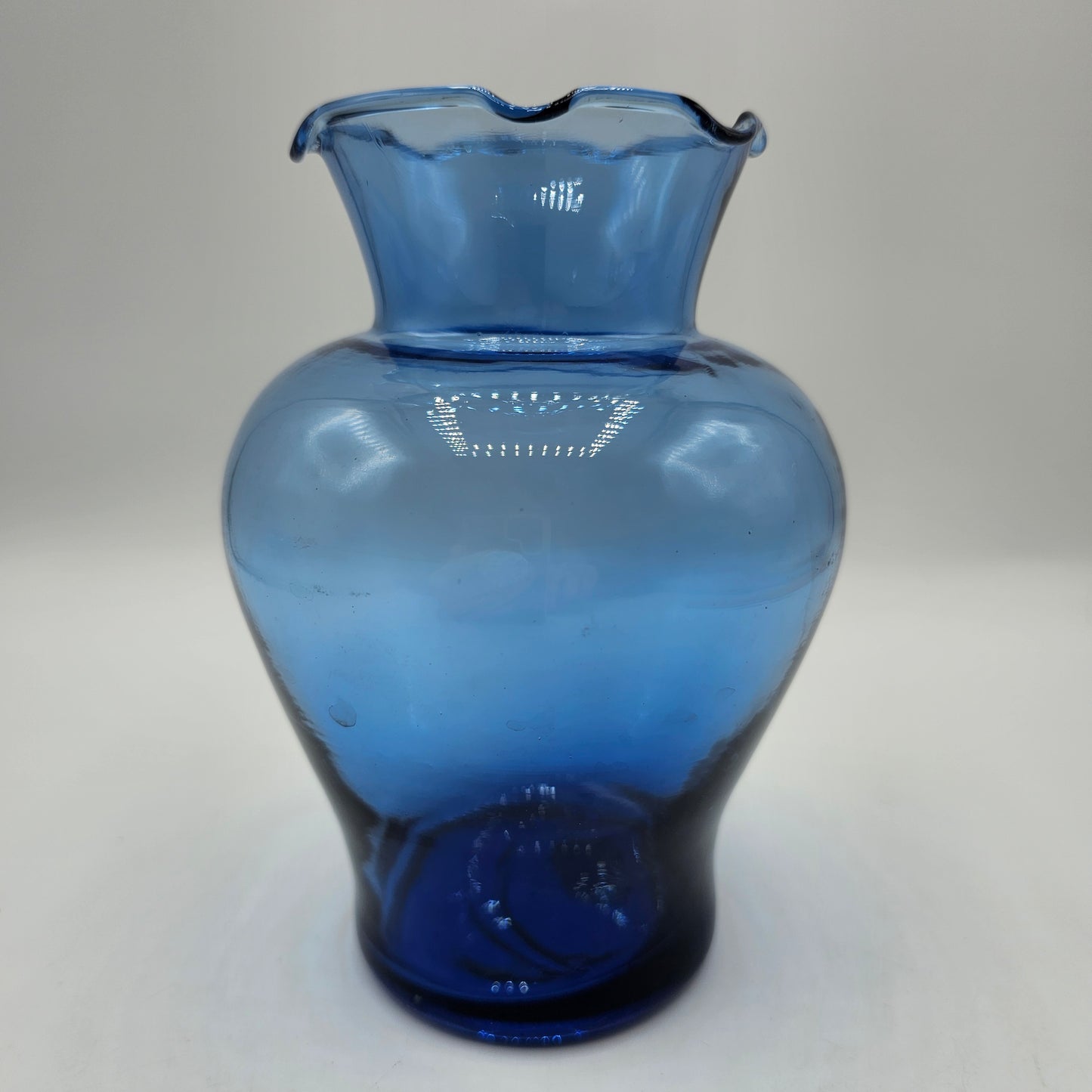 Vintage Hand Blown Ruffle Top Blue Glass Vase