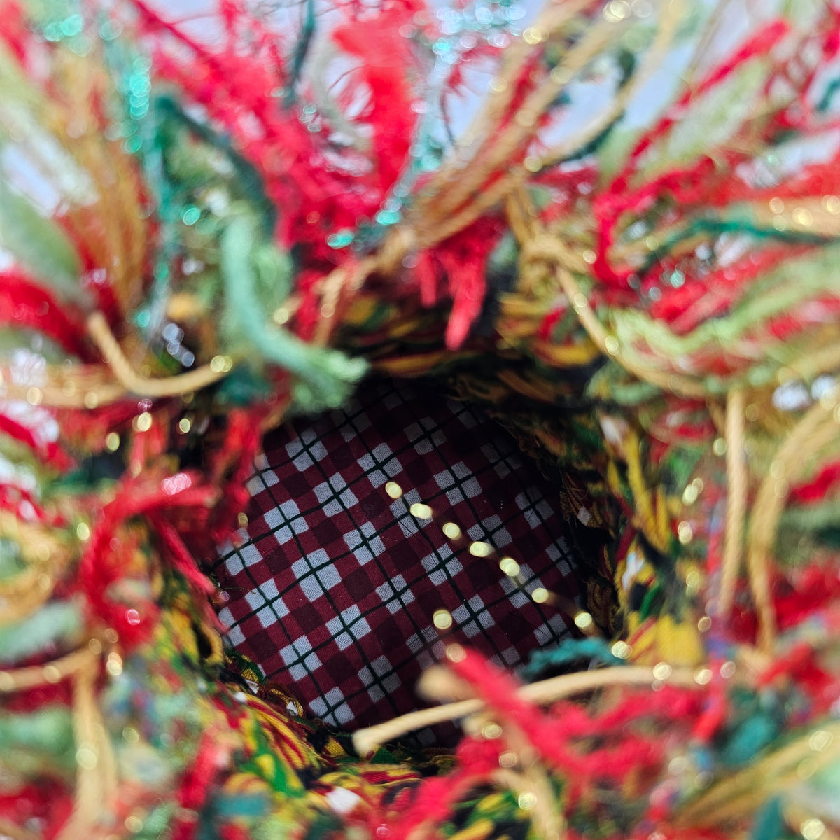 Artisan Woven Material Basket with Red Ceramic Heart and Fringe