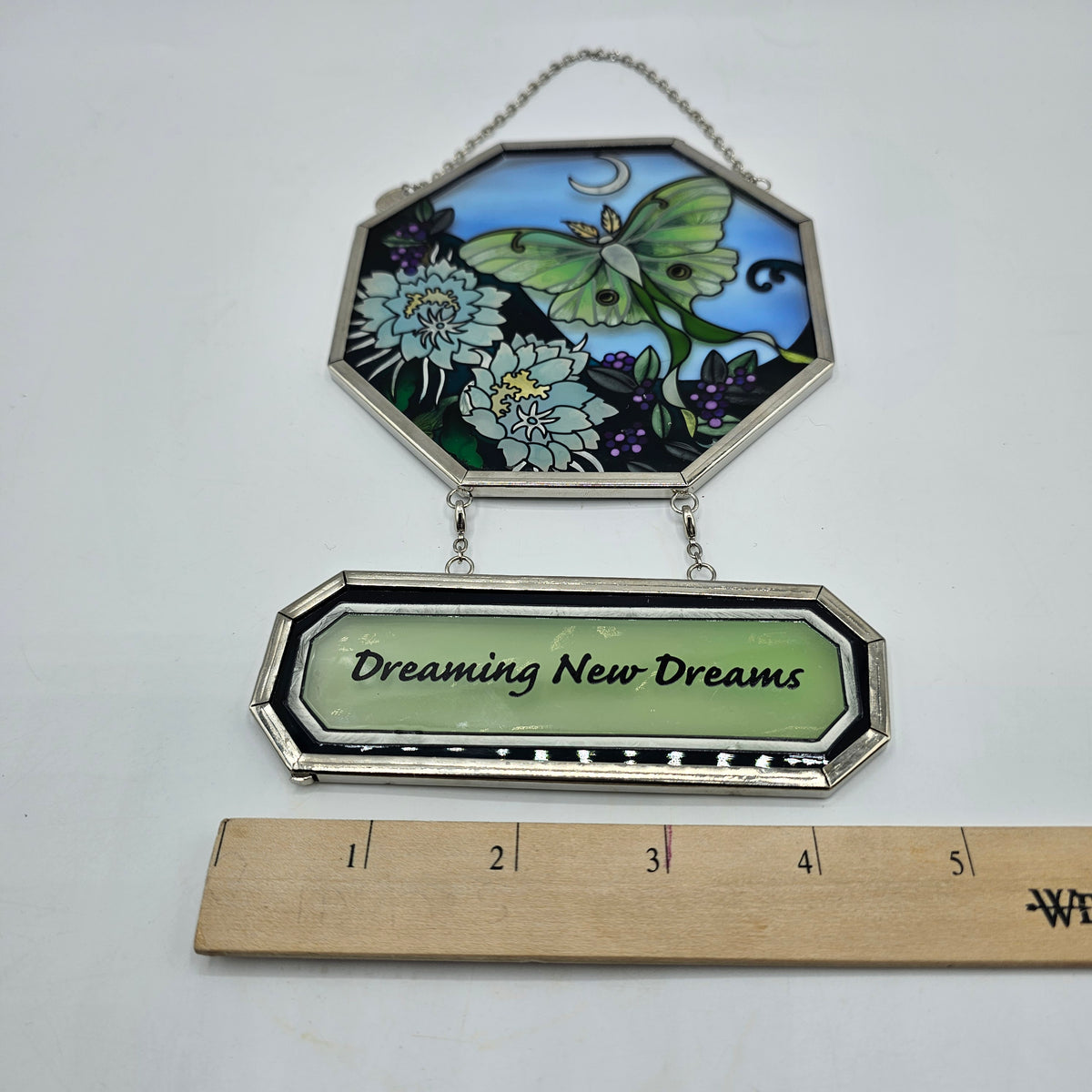 Amia Handpainted Glass Lunar Moth Suncatcher with Chain for Hanging