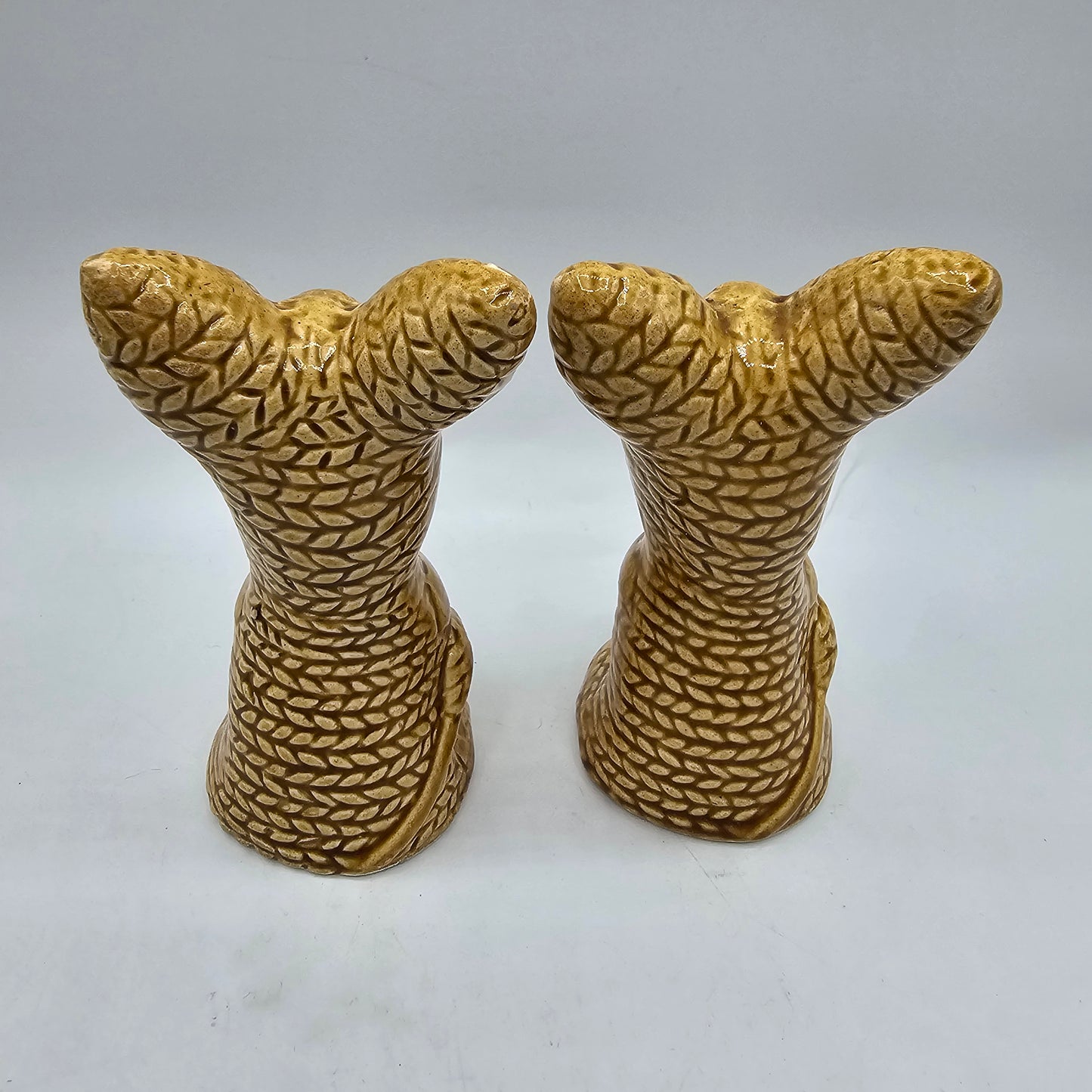 Vintage Straw Rope Look Cold Painted Ceramic "Salt and Pepper Prototype" Dog Figurines (not functional; they do not have shaker holes)