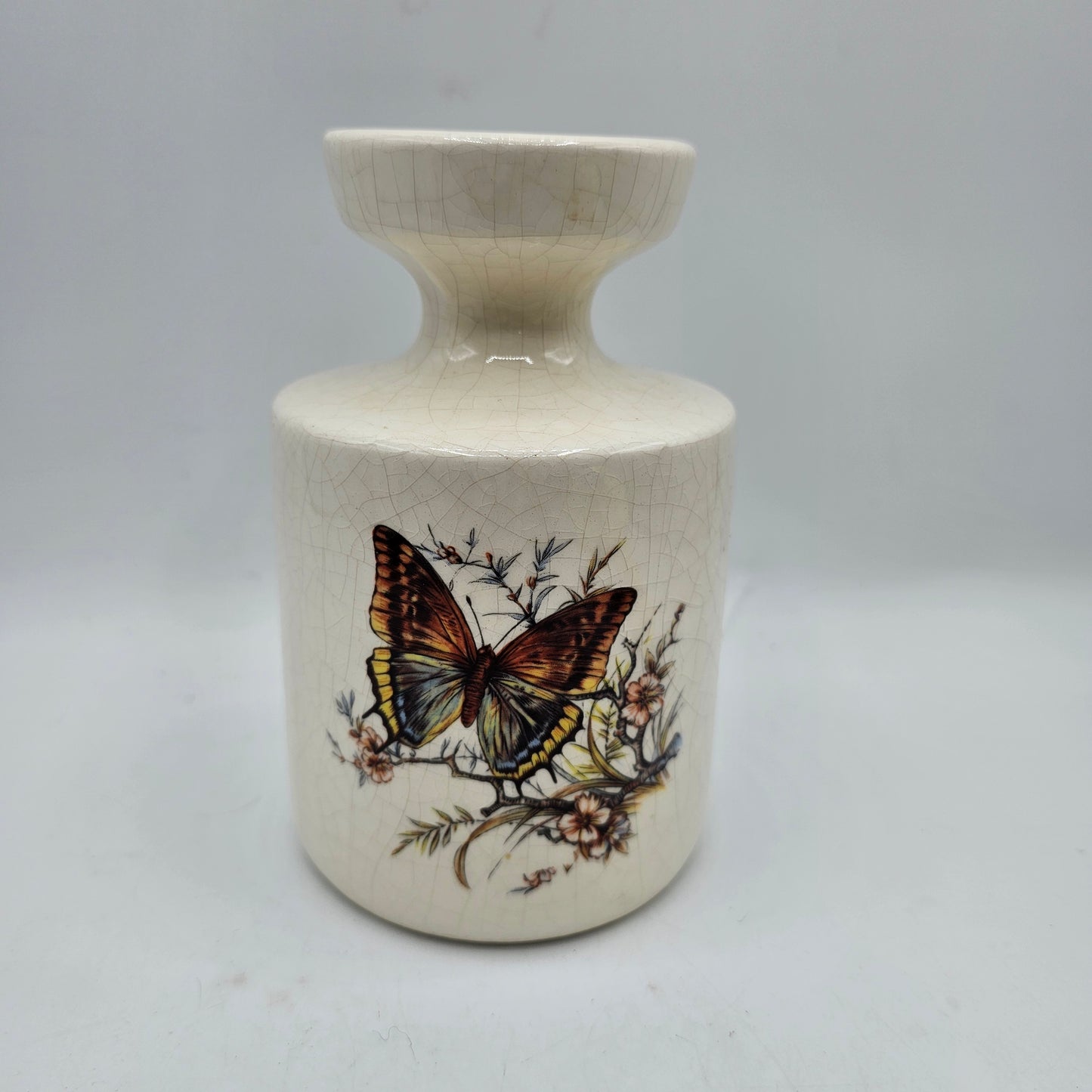 Vintage Crazed Ceramic Bulb Forcer with Transferware Butterfly