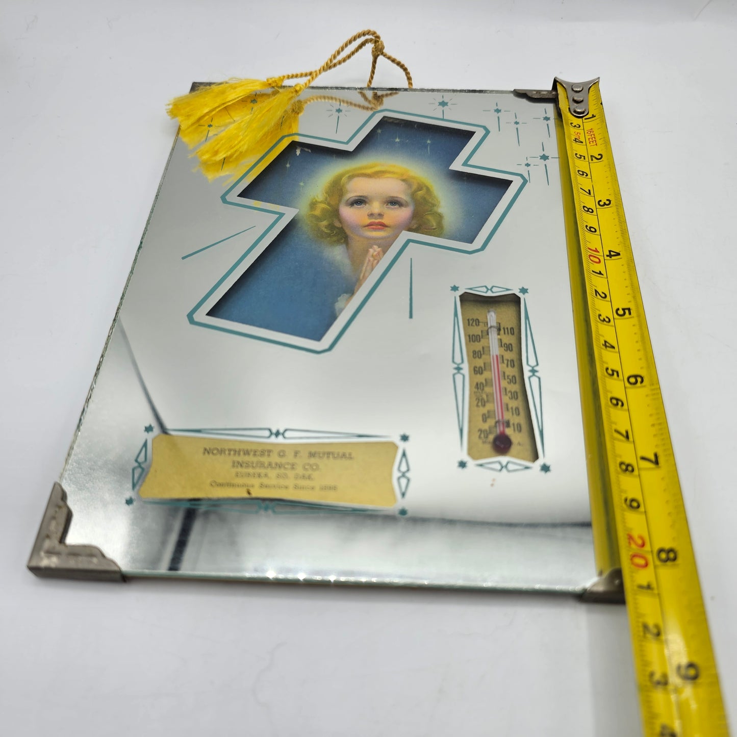 Rare Praying Girl Cross Mirrored Advertising Thermometer Northwest Mutual Insurance Co, Eureka South Dakota
