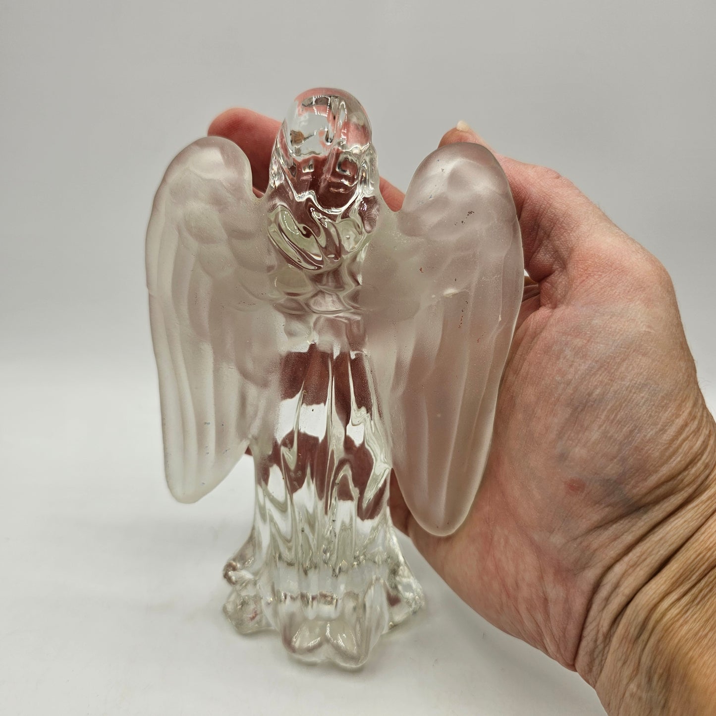 Clear Solid Glass Praying Angel Figurine with Frosted Satin Finish Wings