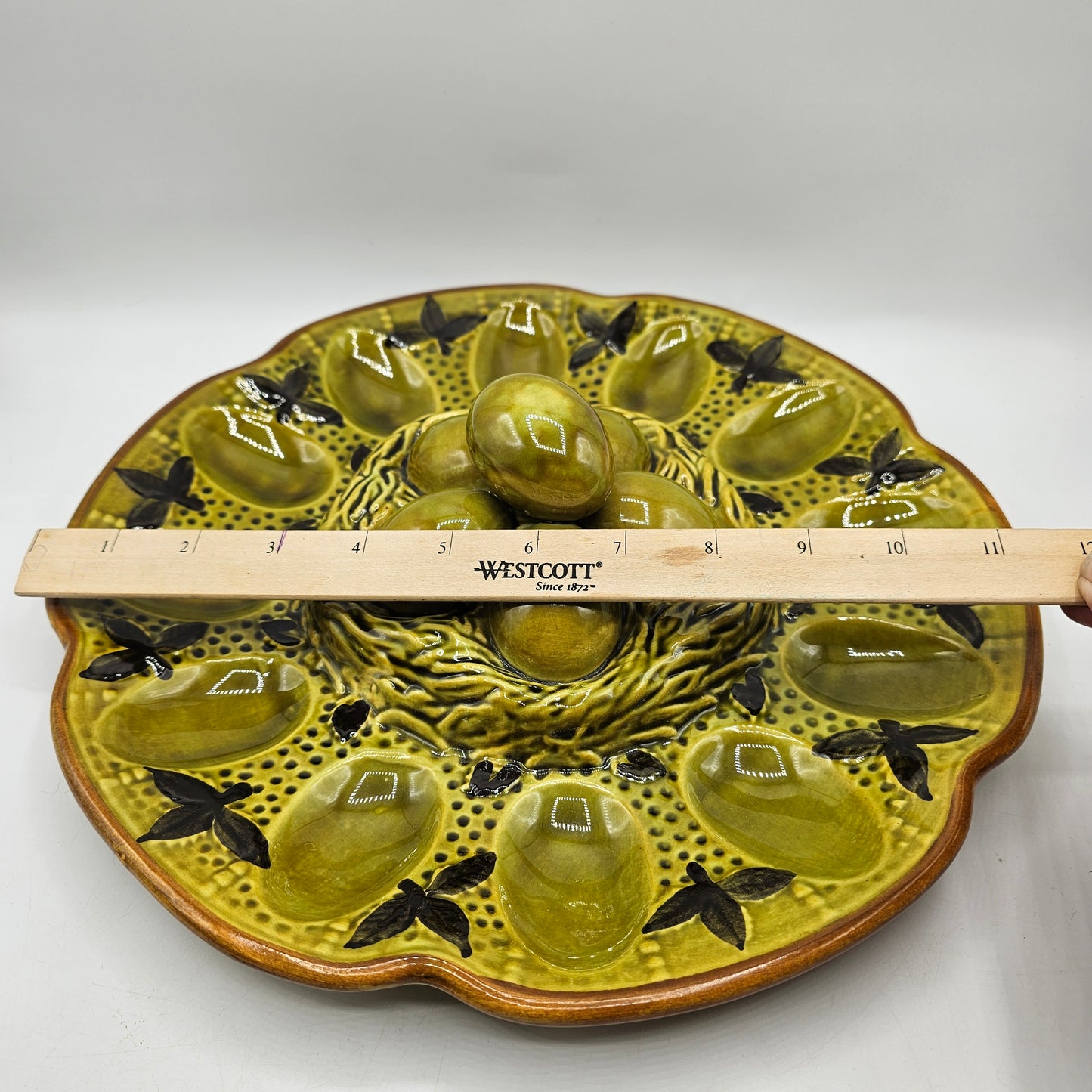 Vintage Avocado Green Glazed Devilved Egg Serving Dish with Eggs on a Nest