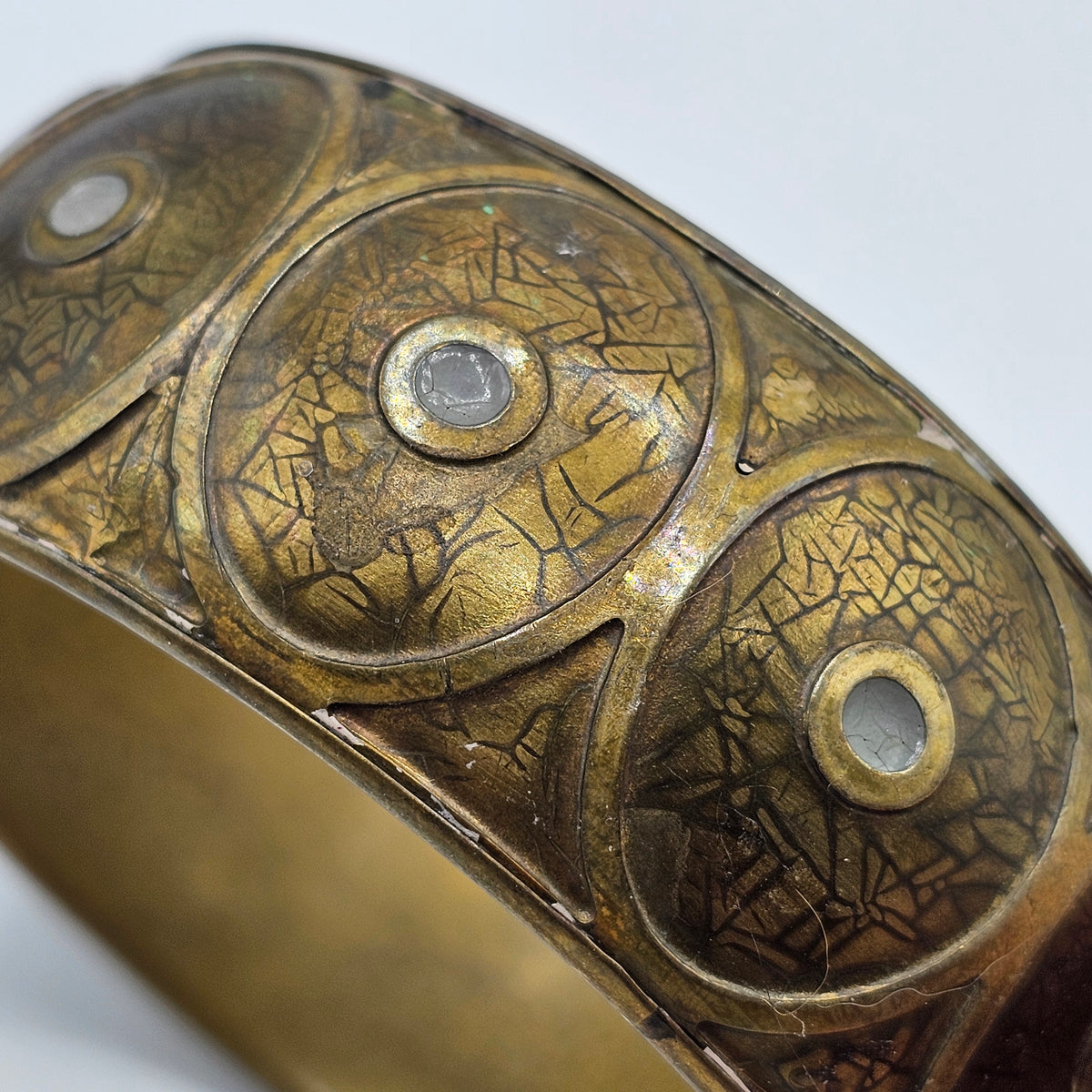 Brass Tone Chunky Bangle Bracelet with Inlaid Circles