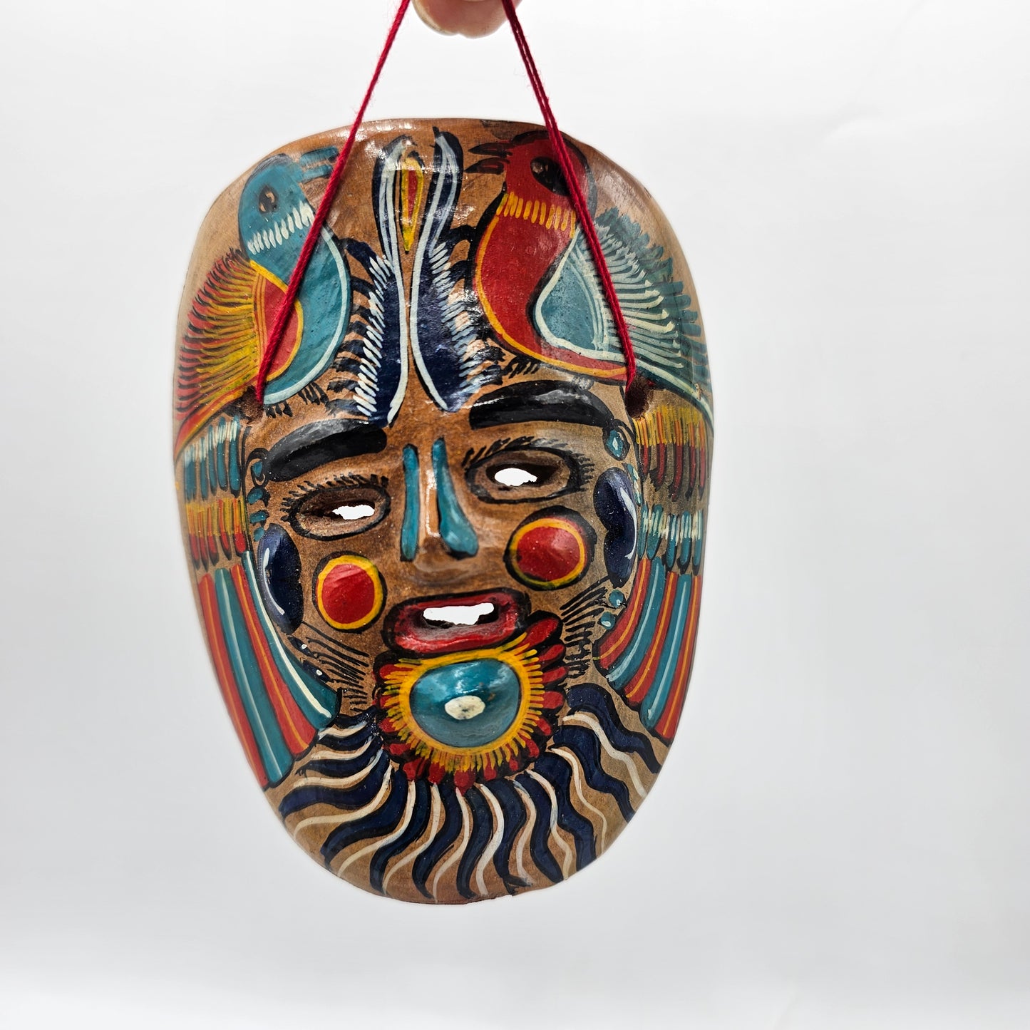 Talavera Hand Painted Mexican Pottery Folk Art Mask with Birds and Wall Hanger (small chip)