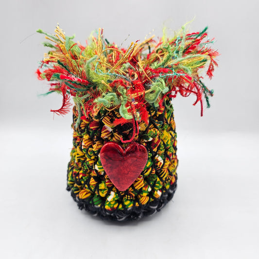 Artisan Woven Material Basket with Red Ceramic Heart and Fringe