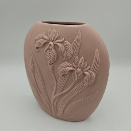 Vintage Dusty Pink Ceramic Vase With 3-D Irises