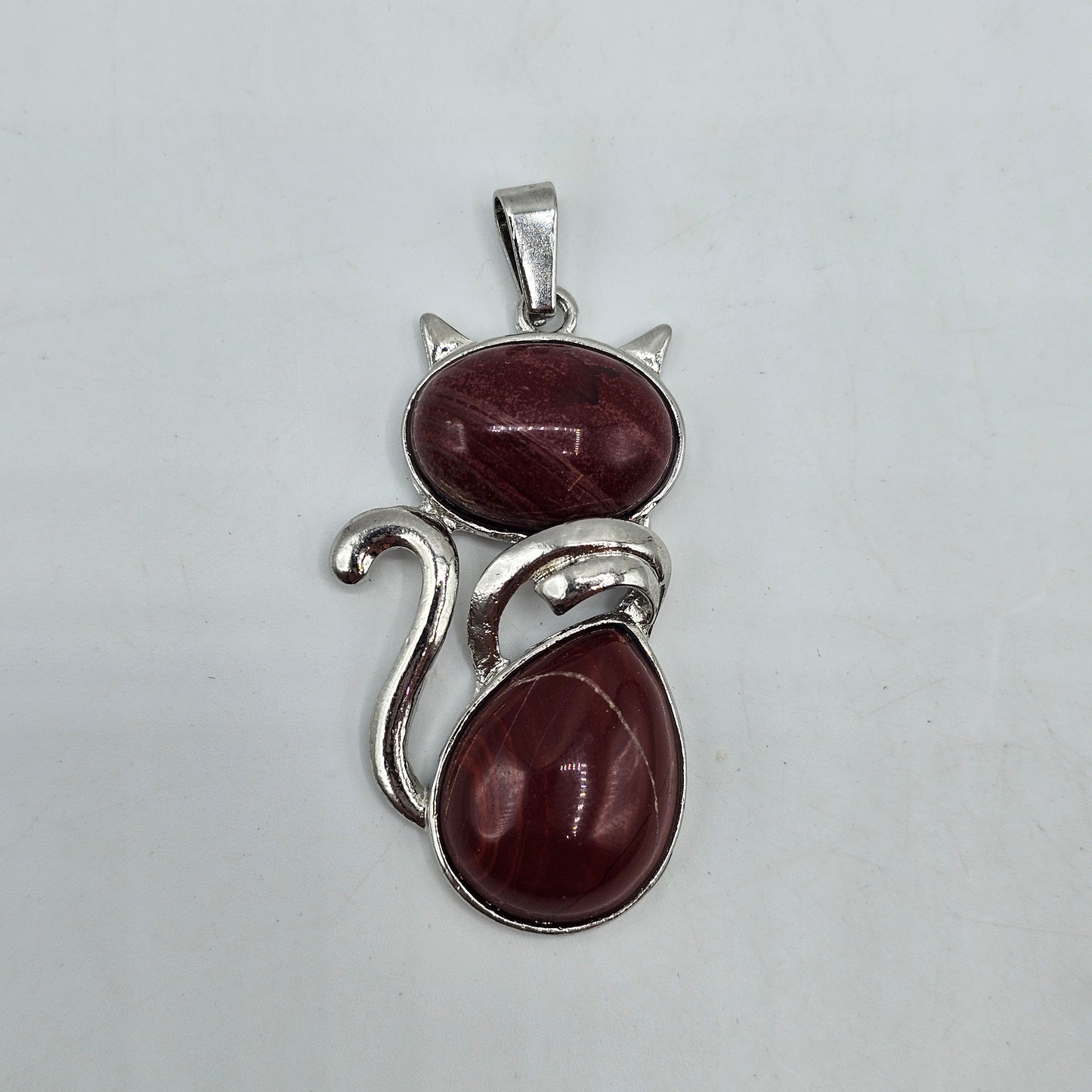 Red Jasper Stone Kitty Cat Pendant with Silver Tone Setting