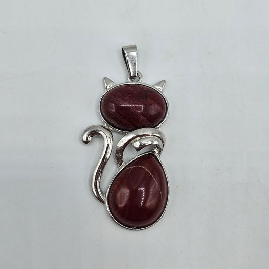 Red Jasper Stone Kitty Cat Pendant with Silver Tone Setting