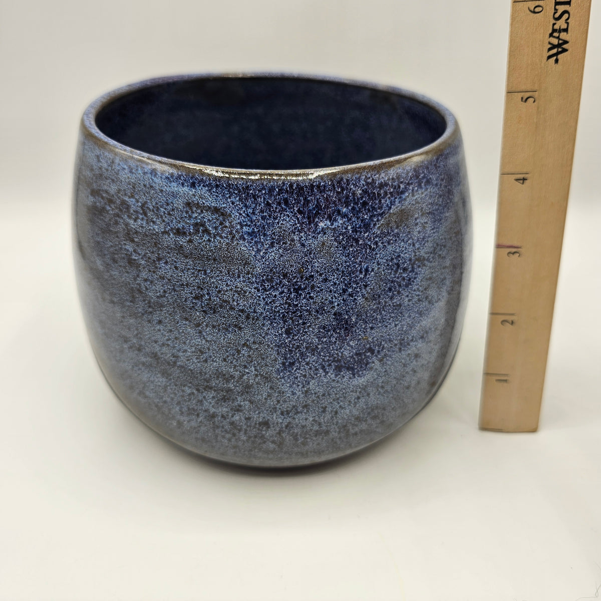 Artisan Pottery Diagonal Split Glazed Blue and Matte Black Ceramic Planter Pot - Signed