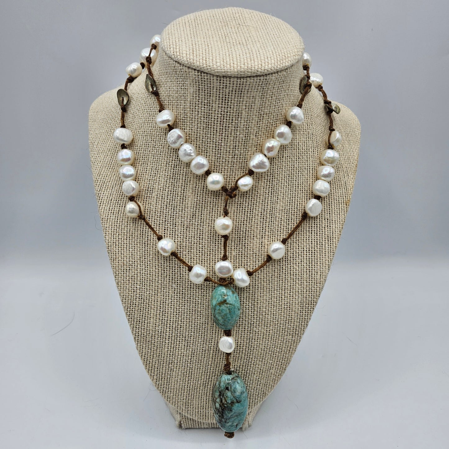 Vintage In2 Artisan Jewelry Scandanavian Design Hand Knotted Freshwater Pearl, Amazonite and Silver Drop Necklace