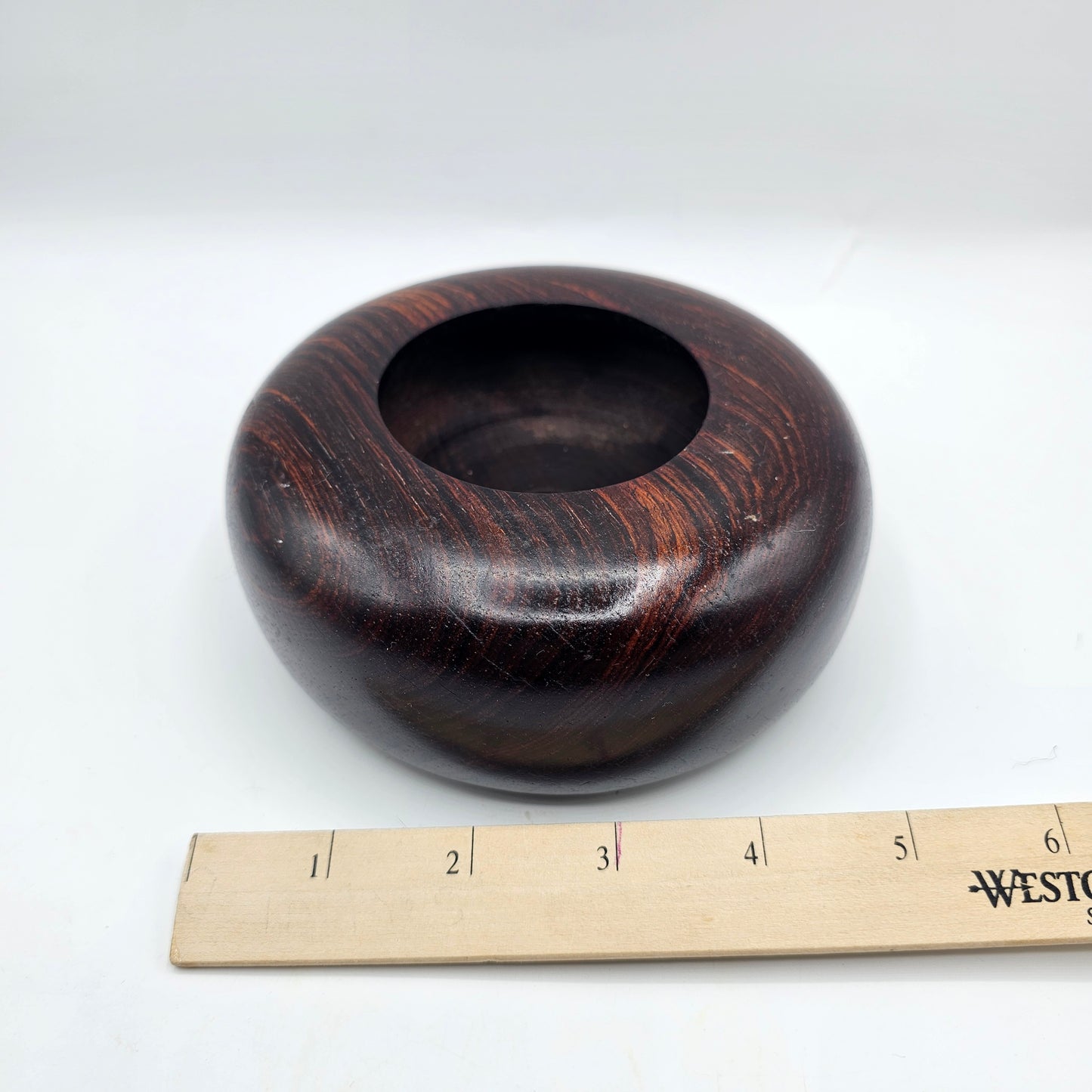 Vintage Carved Polished Round Dark Wood Candle Holder