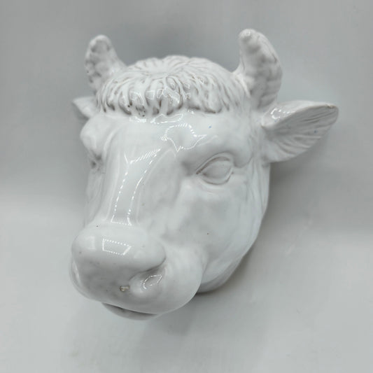 Glazed White Ceramic Bull Head Wall Pocket