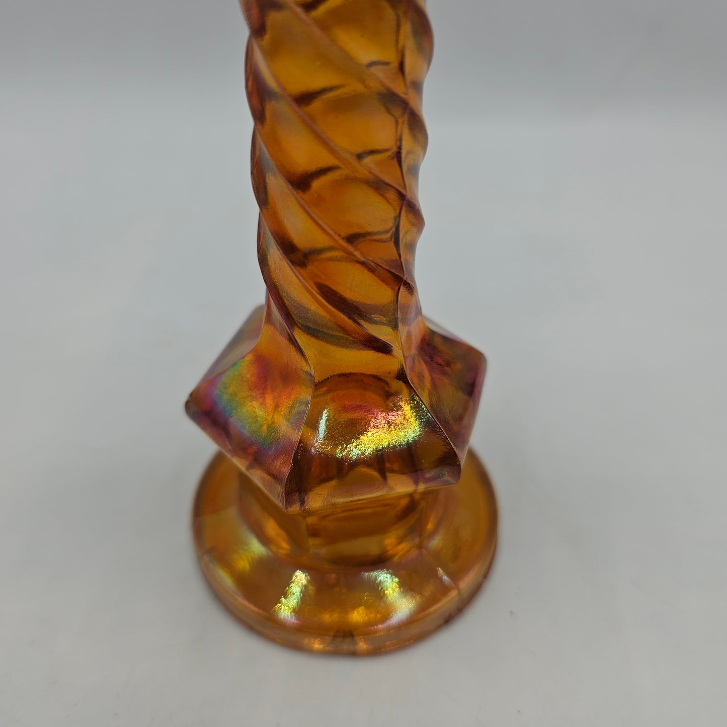 Vintage Iridescent Marigold Carnival Glass Candlestick with Wide Base (damage noted)