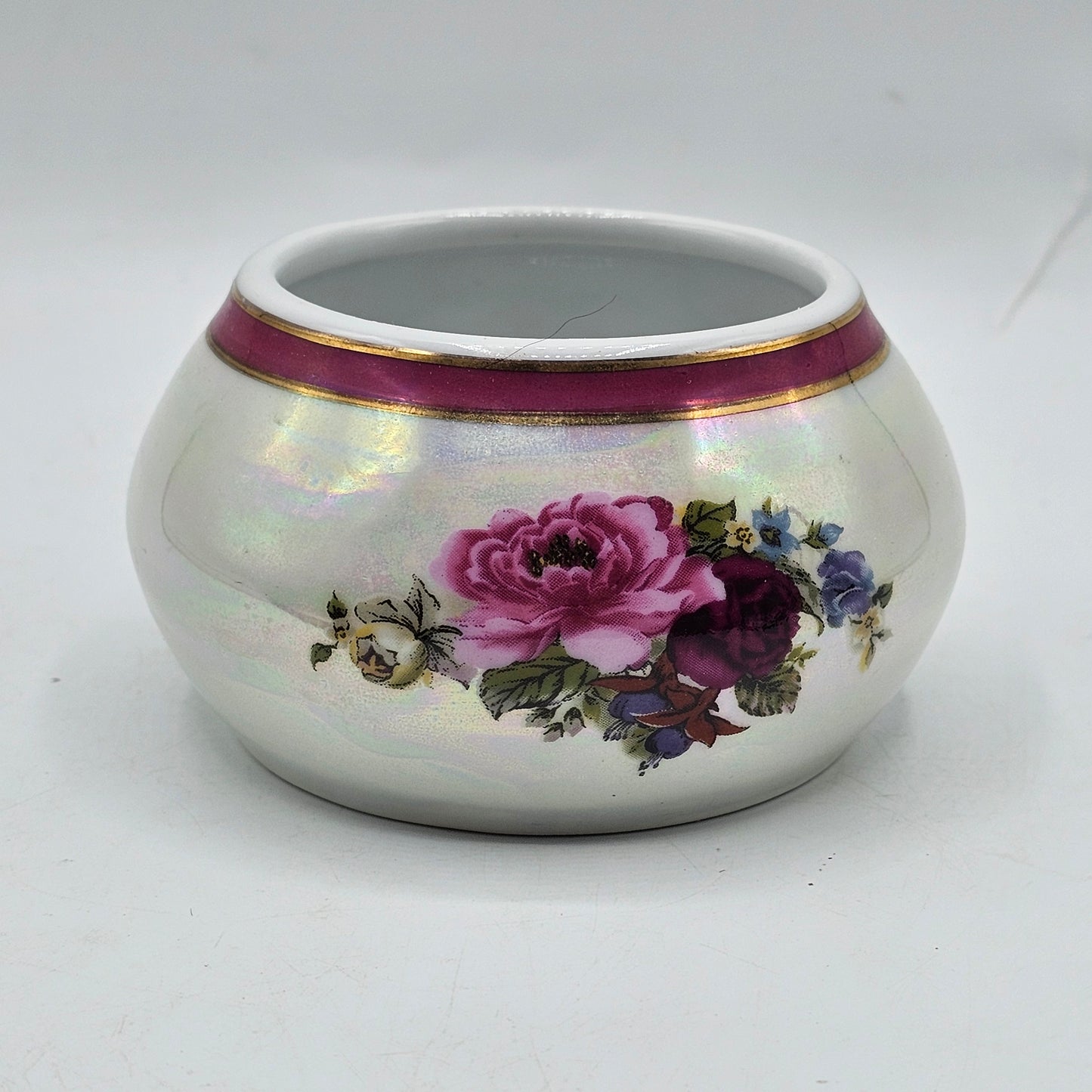 Vintage "Las Vegas" Iridescent Trinket Dish with Transferware Roses - Souvenir