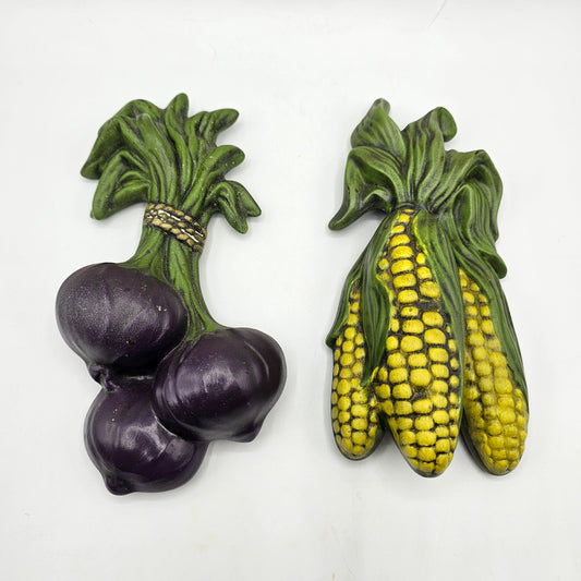 Vintage Chalkware Vegetable Wall Hanging Decor - Red Onion and Corn