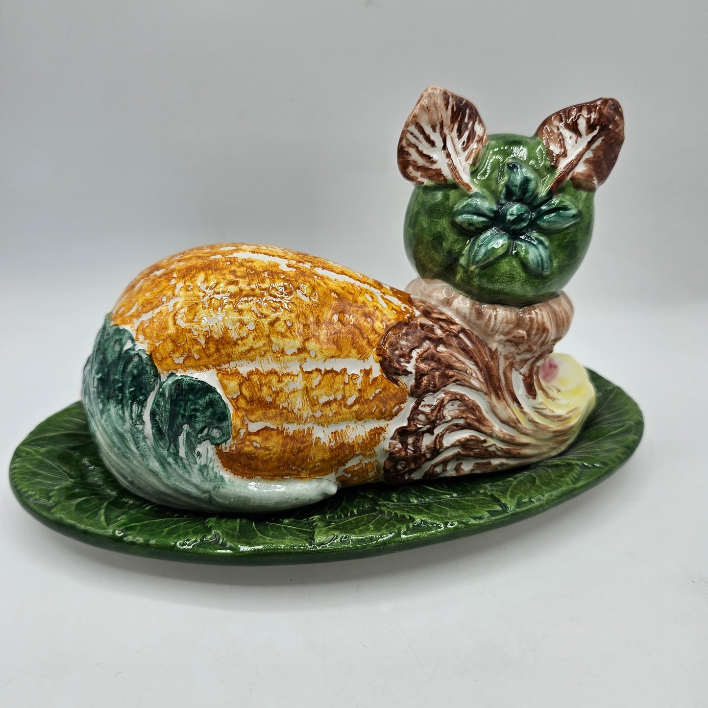 Rare Vintage Porcelain Vegetable Cat Butter Dish by Horchow of Italy