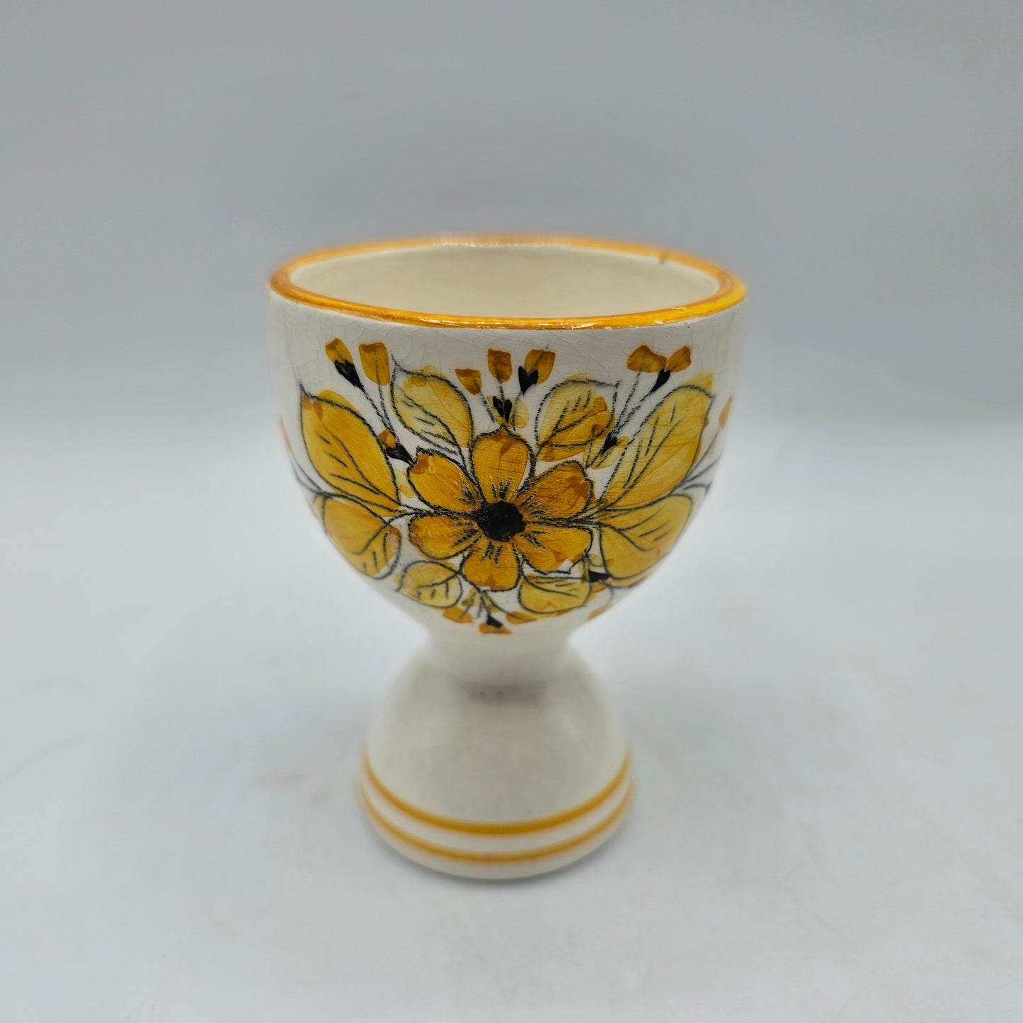 Hand Painted European Pottery Oversized Egg Cup with Yellow Flowers (naturally crazed)