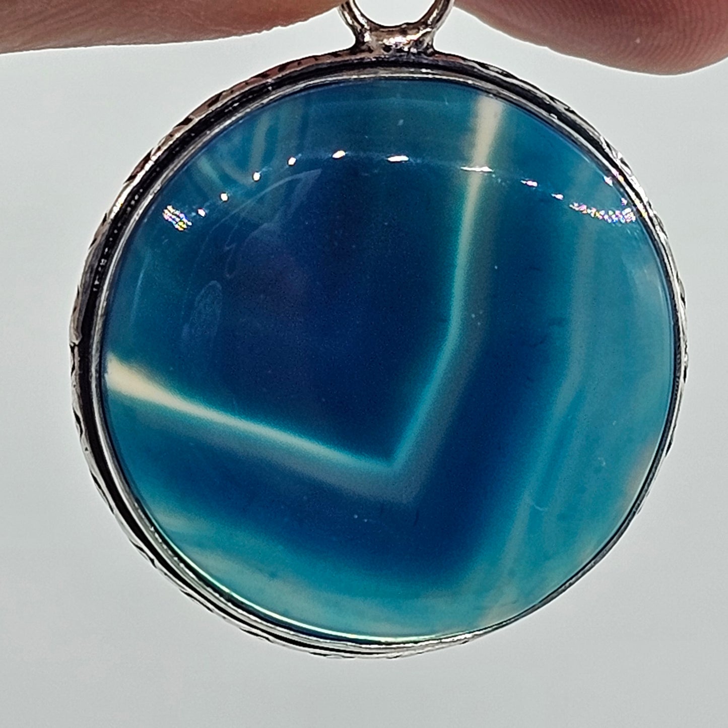 Round Blue Banded Agate Pendant with Silver Tone Setting