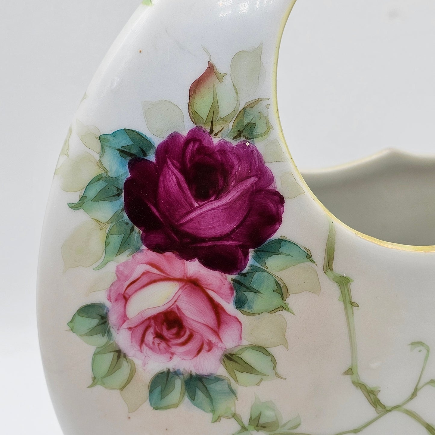 Antique Porcelain Basket Style Vase with Hand Painted Roses