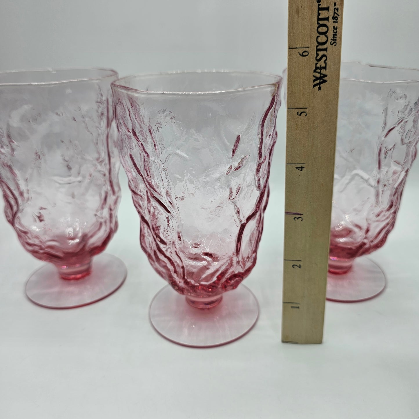 Pink Crinkle Glass Jug and 3 Pedestal Stemmed Wine Glass Goblets by Seneca