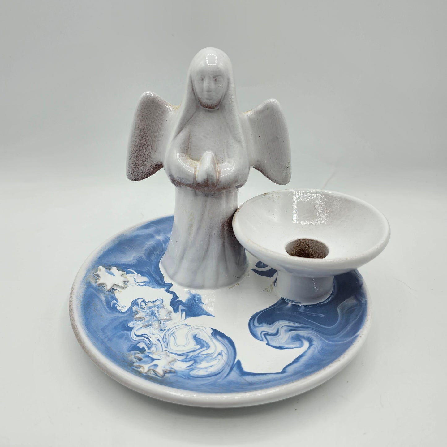 Angel Taper Candle Holder with Blue and White Drip Glaze Trinket Dish