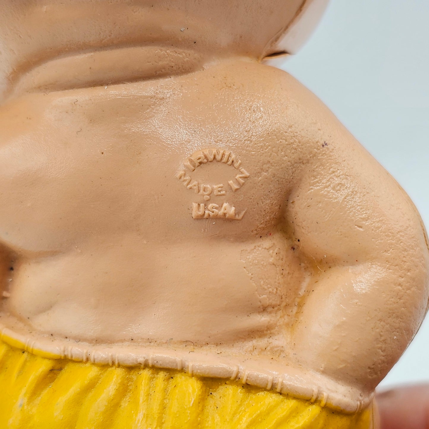 Vintage 1940's Kewpie Style Celluloid Rattle Baby Doll - Rare Yellow Outfit - Made in USA by Irwin (damage noted)