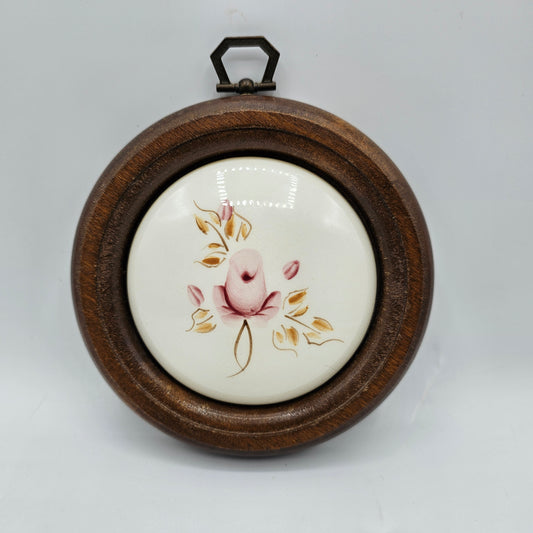 Vintage Pink Rose Ceramic Tile Hanging with Wood Frame - 5"