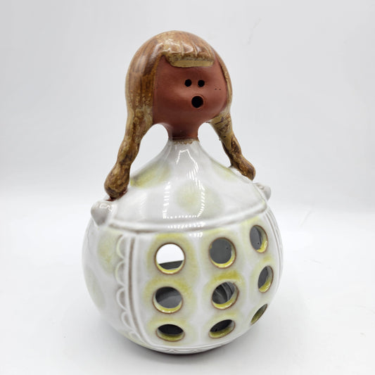 Vintage Scandinavian pottery candle holder 1970s girl with green dots glaze