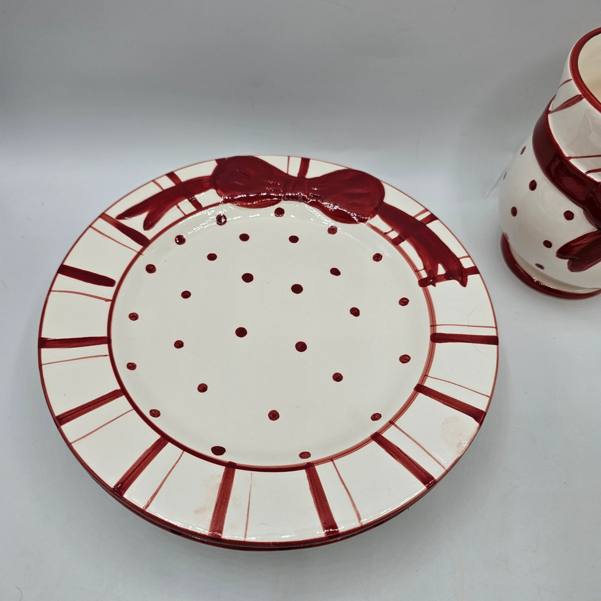 Polka Dot and Bow Christmas Candy Cane Stripe Ceramic Mug and Plate - Set of 4