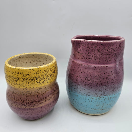 Artisan Made Pastel Colors Painted and Glazed Speckled Pitcher and Cup