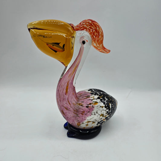 Art Glass Pelican with Fish Figurine