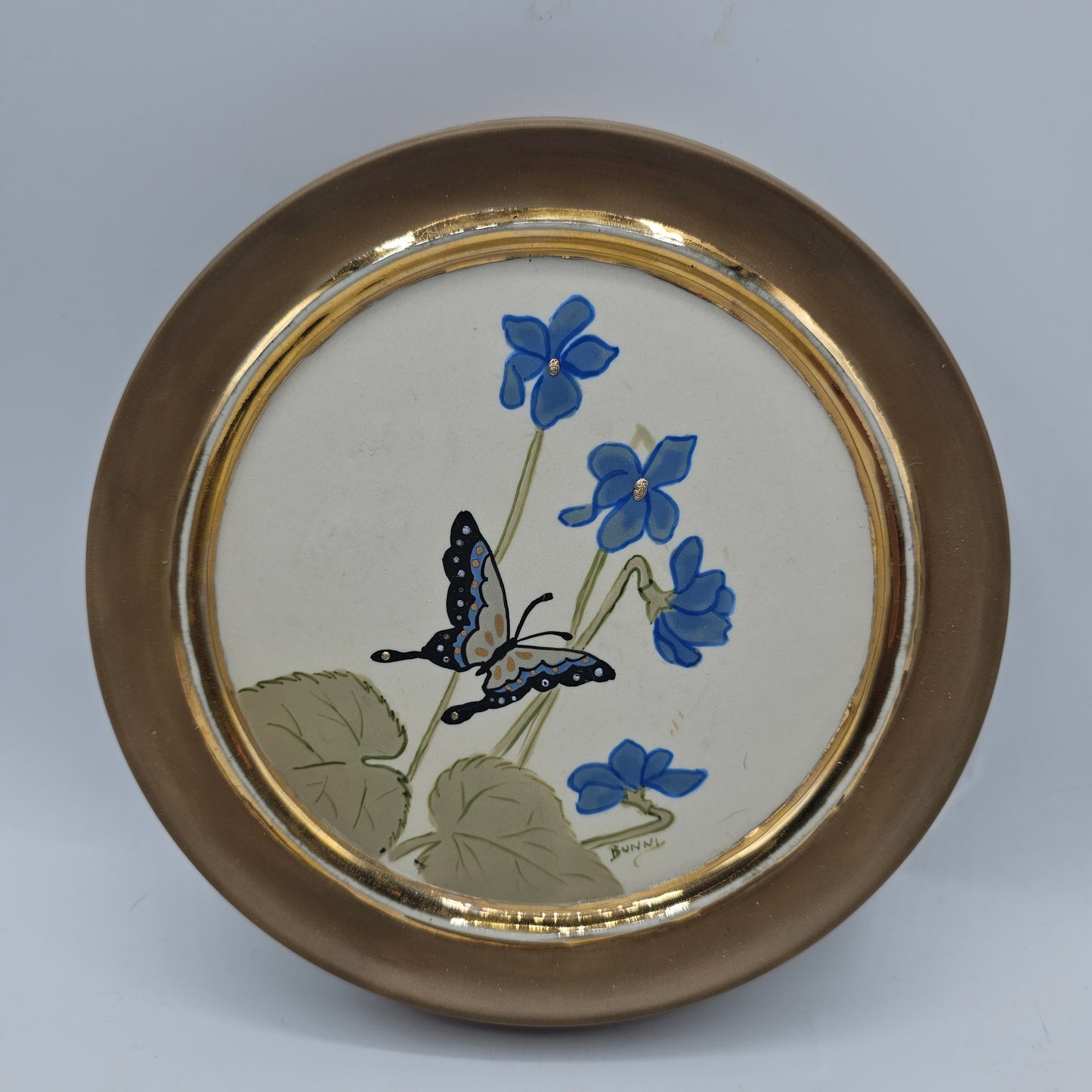 Vintage Alberta's Molds Ceramic Hand Painted Plaque with Butterflies, Blue Flowers and Gold Trim 1982