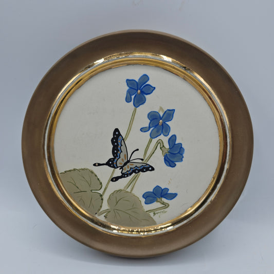 Vintage Alberta's Molds Ceramic Hand Painted Plaque with Butterflies, Blue Flowers and Gold Trim 1982
