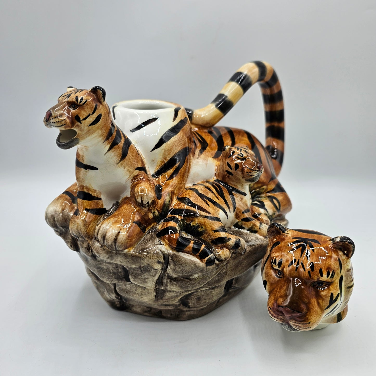 Tiger and Cubs Teapot with Striped Tiger Tail Handle by Fantasy Serveware