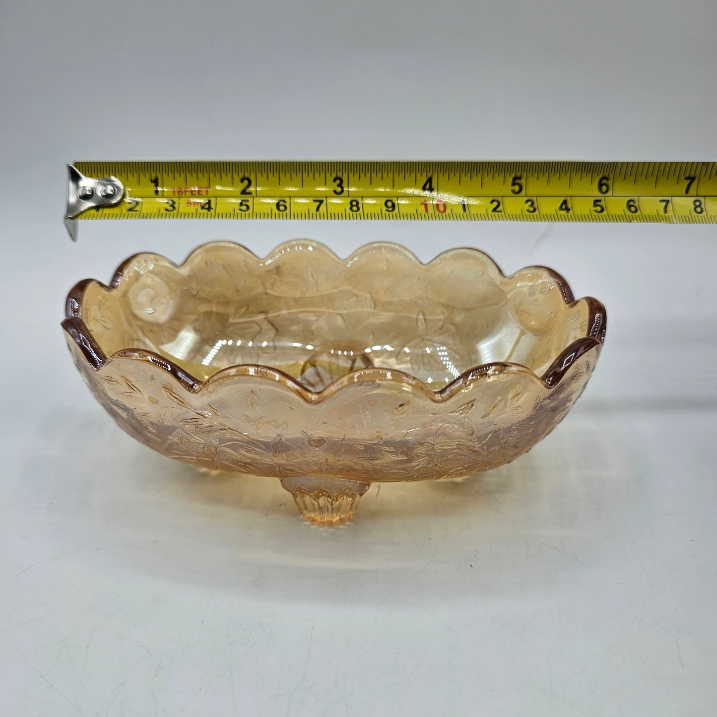 Jeanette Glass Floragold Iridescent Peach Footed Candy Dish with Raised Design-  5.5 x 3.5 x 2" high