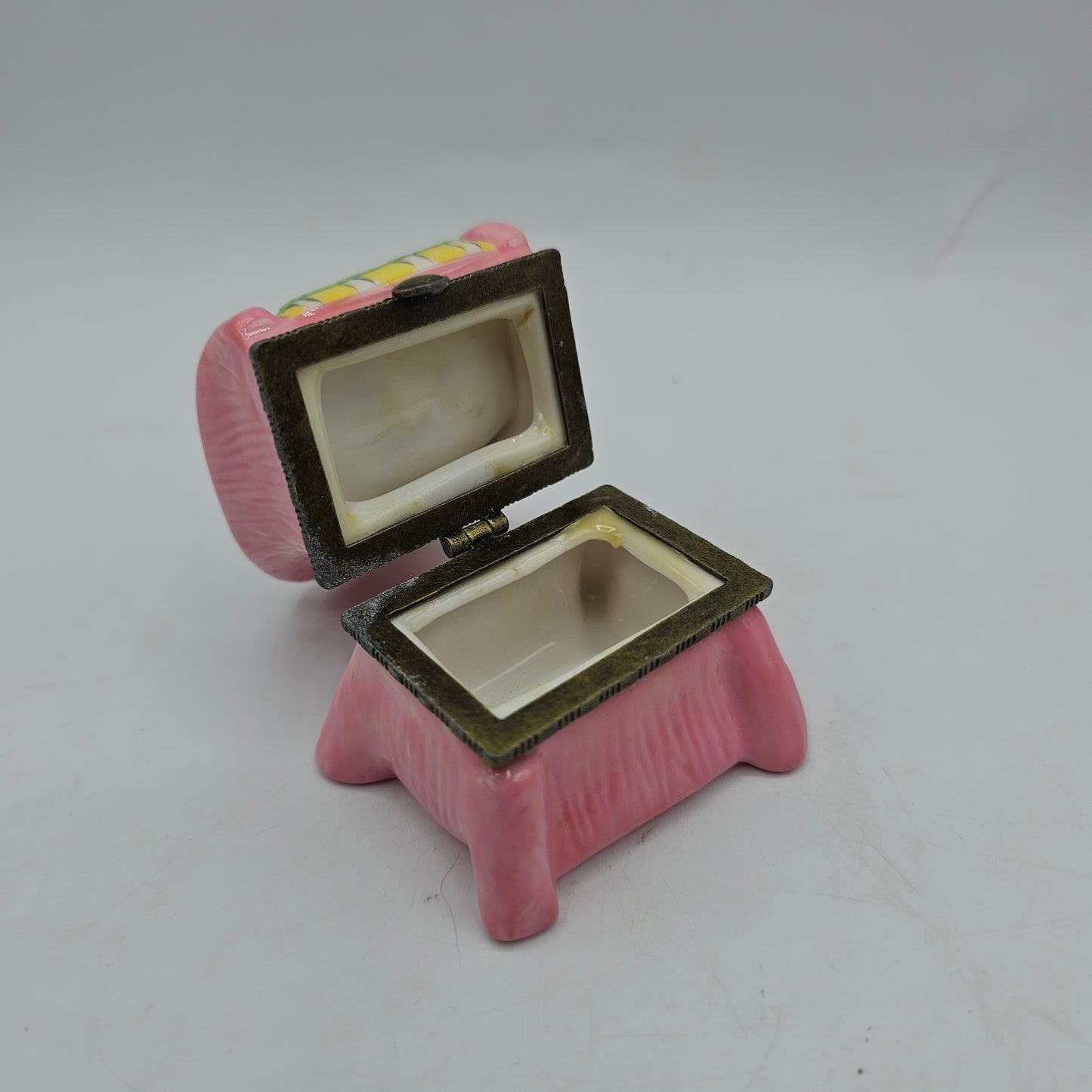 Pink Armchair Hinged Ceramic Trinket Box with Cushions and Hat