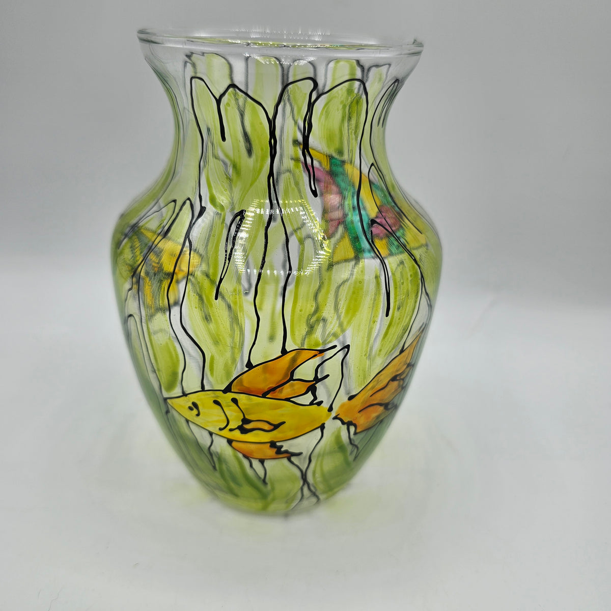 Painted Fish in Seaweed Glass Vase