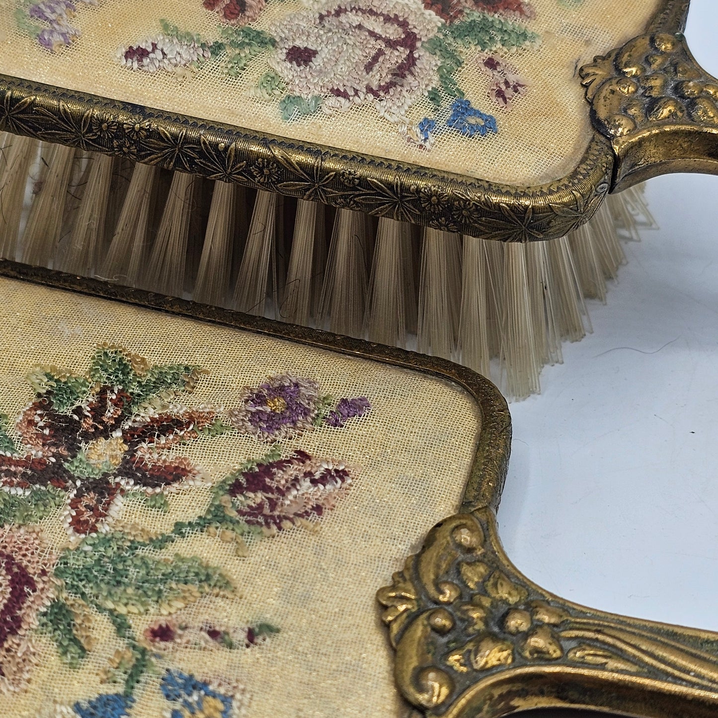 Vintage Petit Point Embroidery 3 Piece Vanity Dresser Set - Hairbrush, Clothes Brush and Beveled Hand Mirror; Wood with Brass