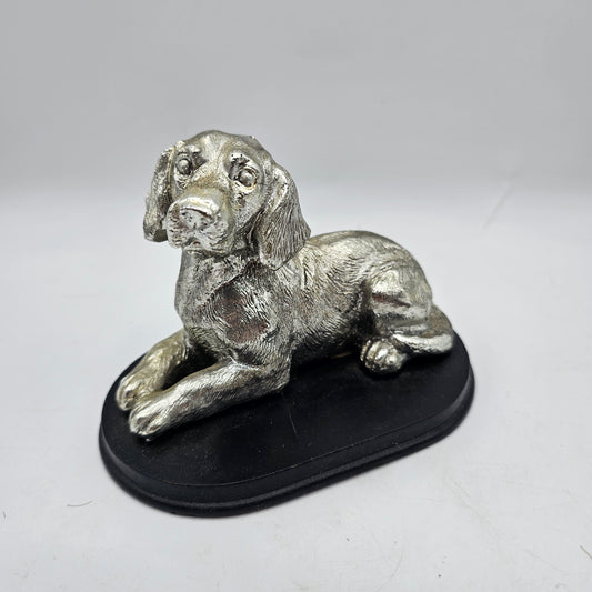 Silver Tone Lying Puppy Dog Sculptured Figurine on Base