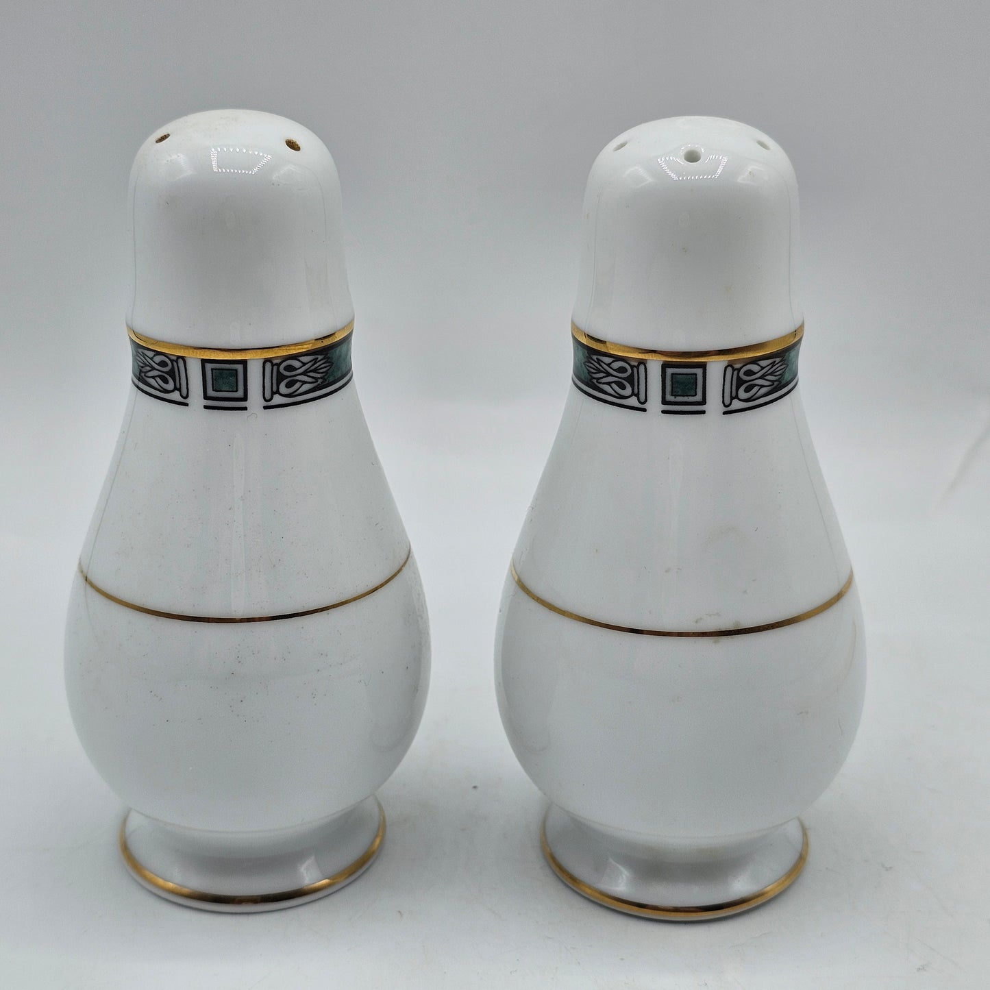 Noritake Green Gold Stripe Salt and Pepper Shakers Teardrop Shape
