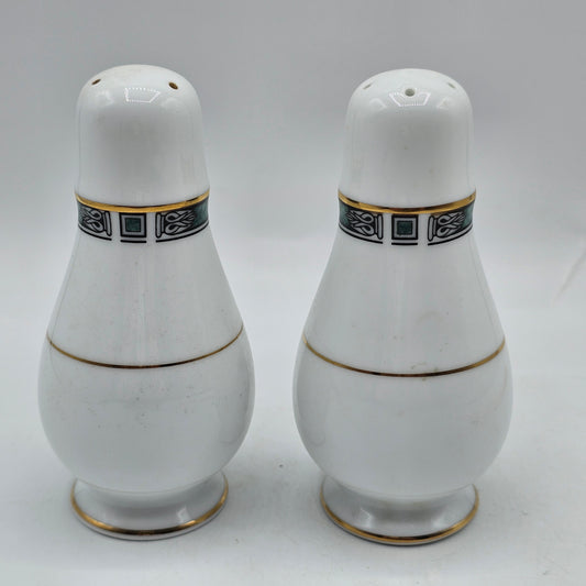 Noritake Green Gold Stripe Salt and Pepper Shakers Teardrop Shape
