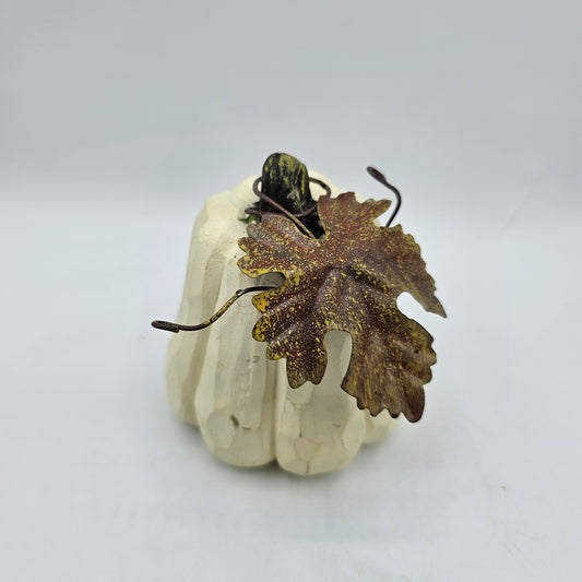 White Resin Pumpkin with Metal Leaf and Tendrils
