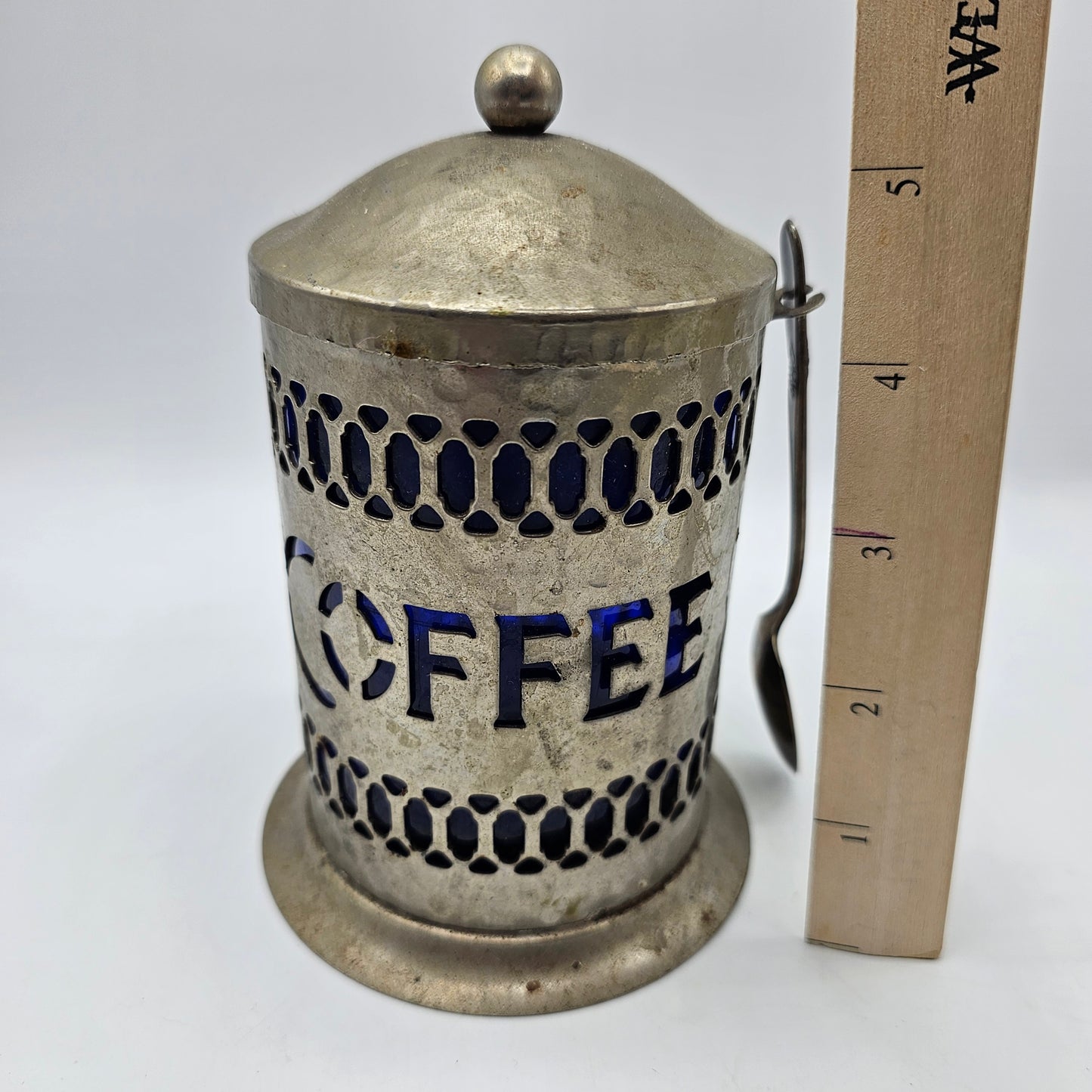 Vintage Silver Plated Lidded Pierced Coffee Canister with Cobalt Blue Plastic Insert and Silver Plated Spoon by Leonard Made in England